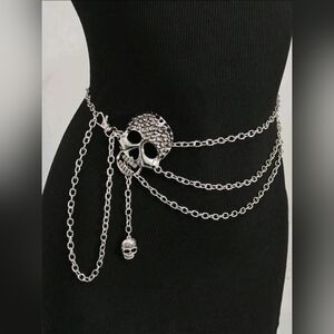 NEW Silver Layered Waist Chain With Spiked Skull